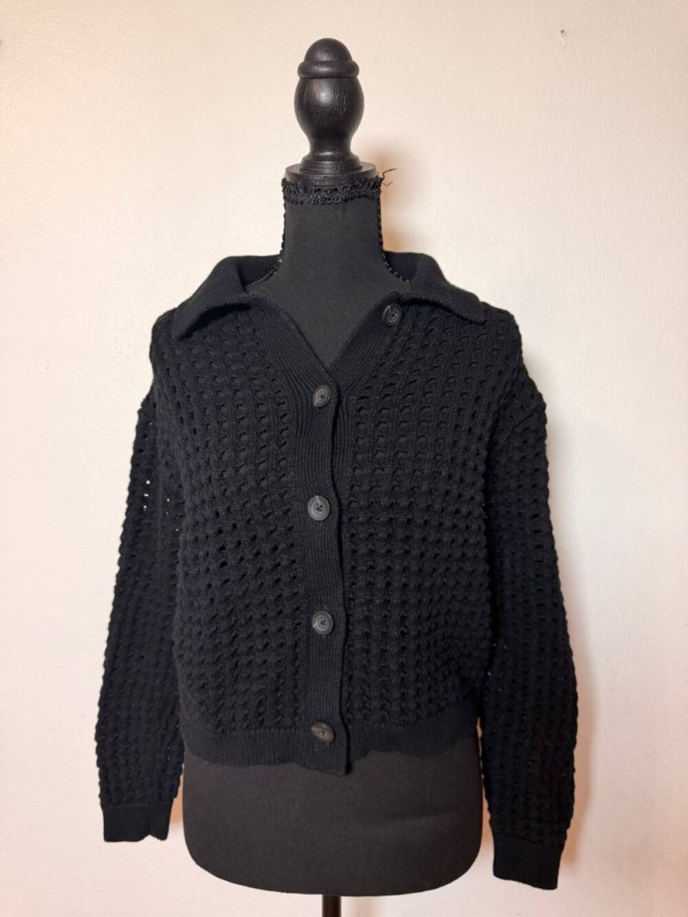 Velvet Graham & Spencer Cotton Cashmere Black Open Knit Cropped Cardigan - Picture 3 of 12